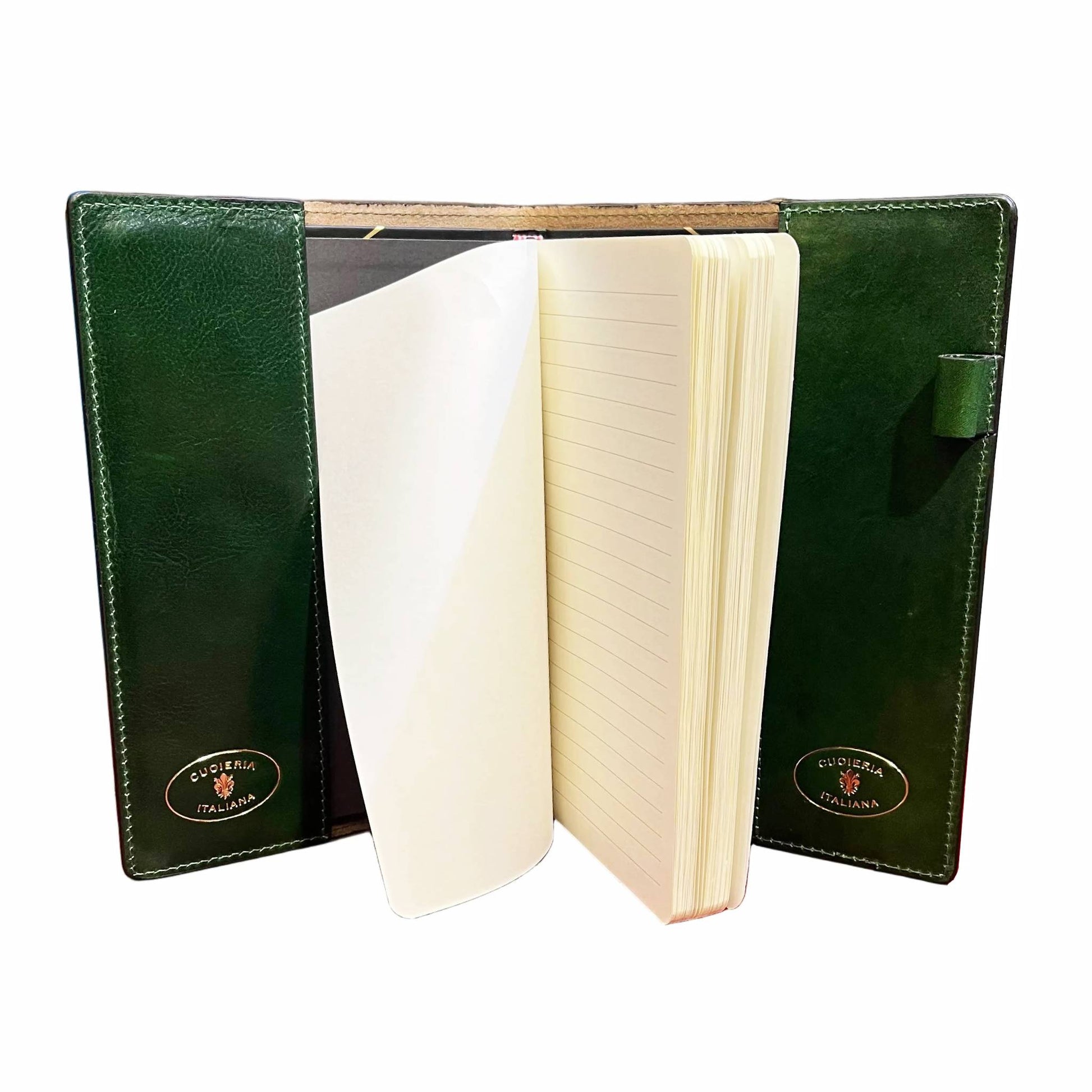 interno capienza aperto leonida porta agenda in pelle verde accessorio da ufficio fatto a mano in cuoio made in italy cuoieria italiana