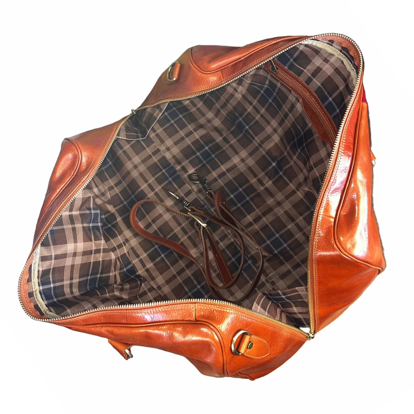 interno capienza scomparti e tasche borsone in pelle tinta cuoio naturale con tricolore bagaglio a mano in cuoio fatto a mano made in italy cuoieria italiana ®