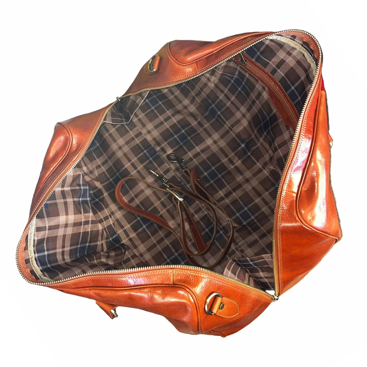interno capienza scomparti e tasche borsone in pelle tinta cuoio naturale con tricolore bagaglio a mano in cuoio fatto a mano made in italy cuoieria italiana ®