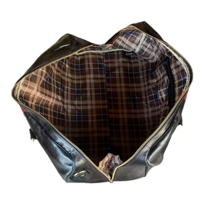 interno e tasche borsone da viaggio in pelle nera con tricolore bagaglio a mano artigianale made in italy cuoieria italiana