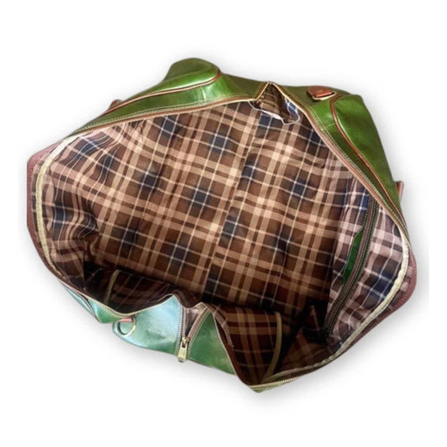 interno e tasche borsone da viaggio in pelle verde borsa in cuoio da bagaglio a mano made in italy cuoieria italiana