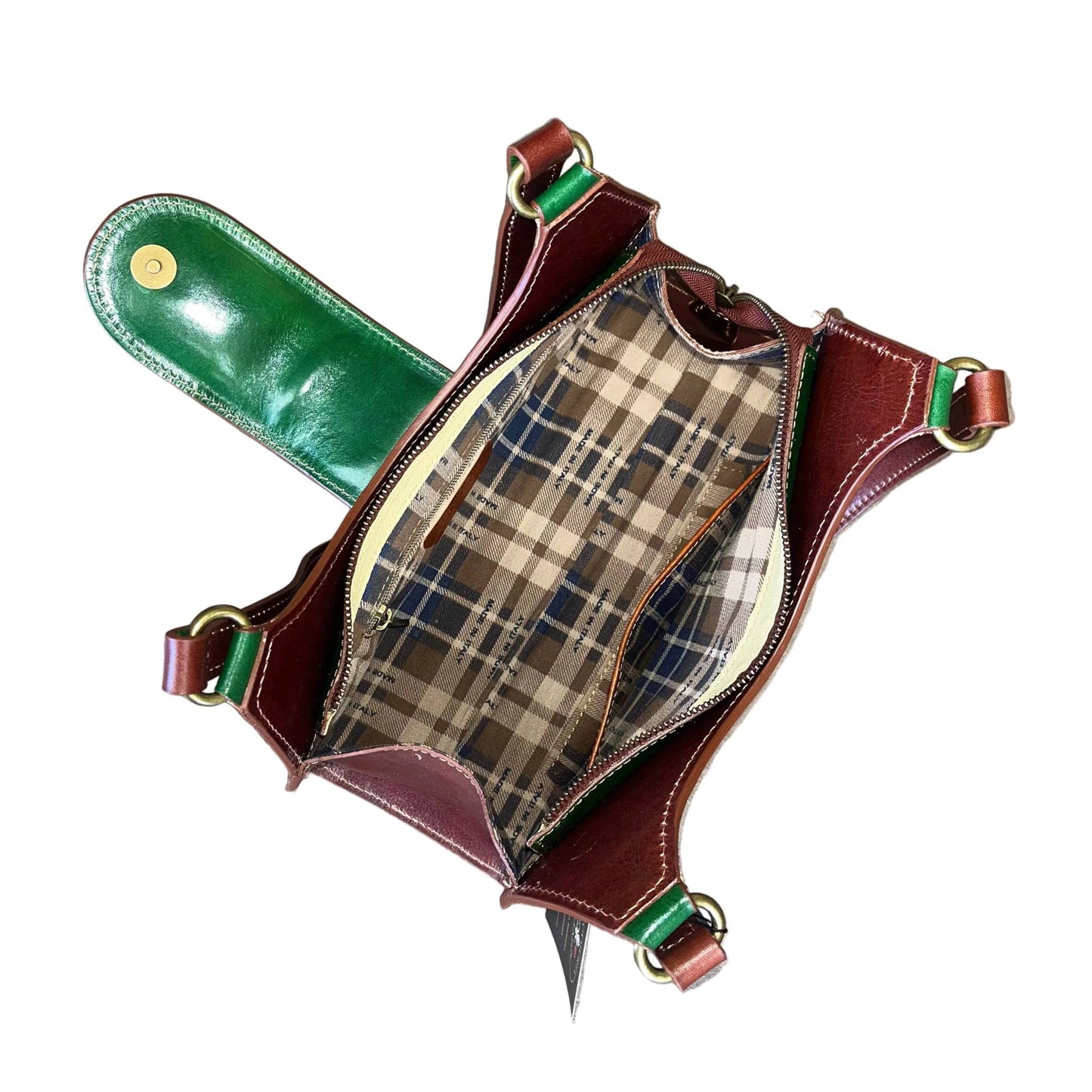 interno e tasche mercury borsa verde e marrone a spalla in pelle da donna artigianale made in italy cuoieria italiana