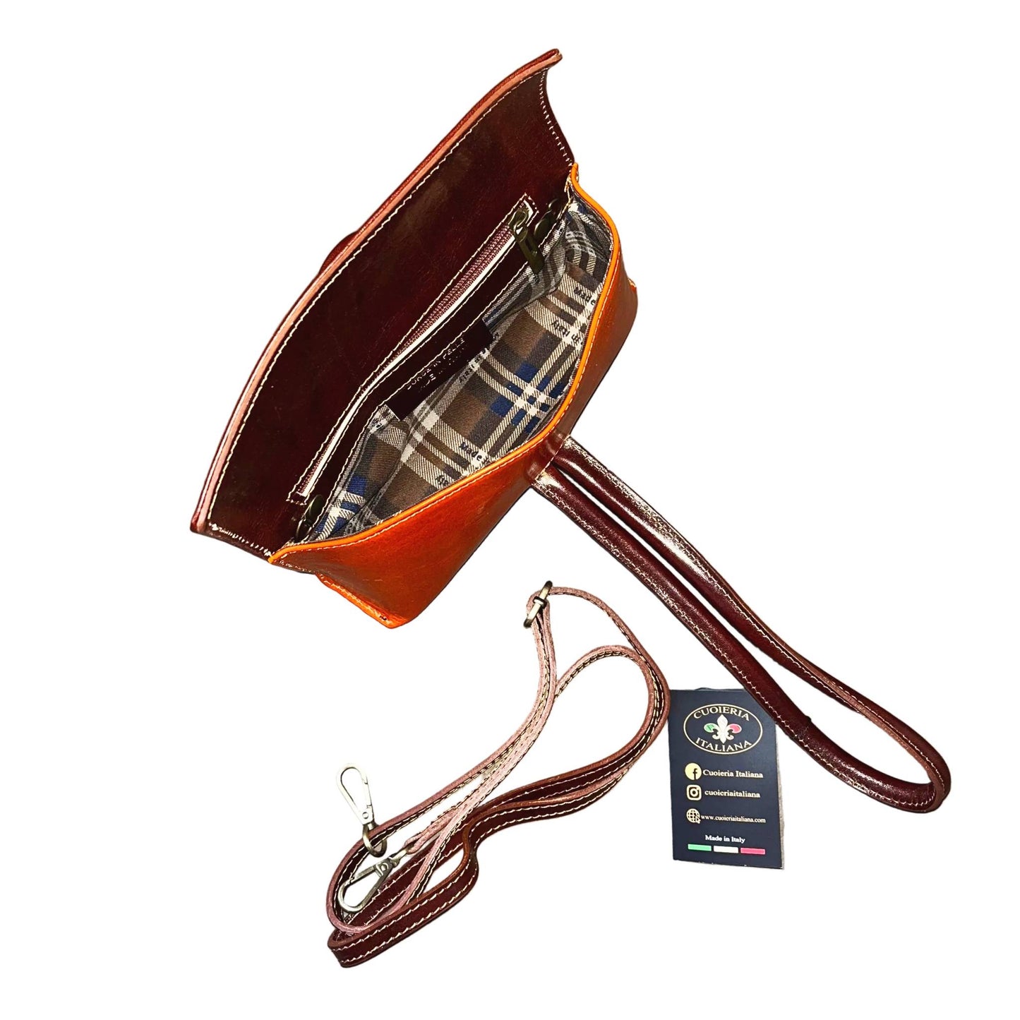 interno fiocco pochette borsetta a tracolla in pelle arancione e marrone made in italy cuoieria italiana