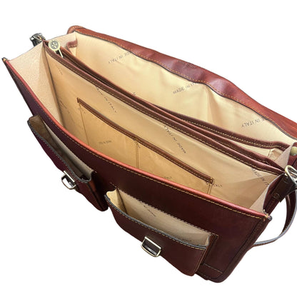 interno frontale hydra cartella 2 in 1 in cuoio marrone mogano borsa zaino da lavoro a tracolla fatta a mano in pelle made in italy cuoieria italiana®