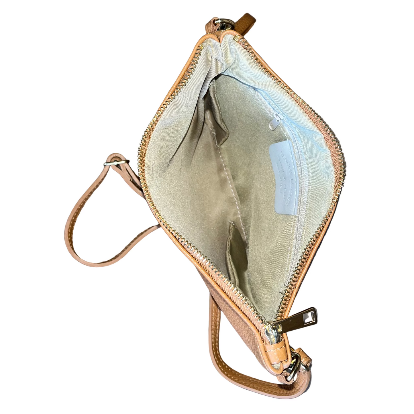 interno pochette grande in pelle cammello chiaro da donna vitello martellato made in italy cuoieria italiana