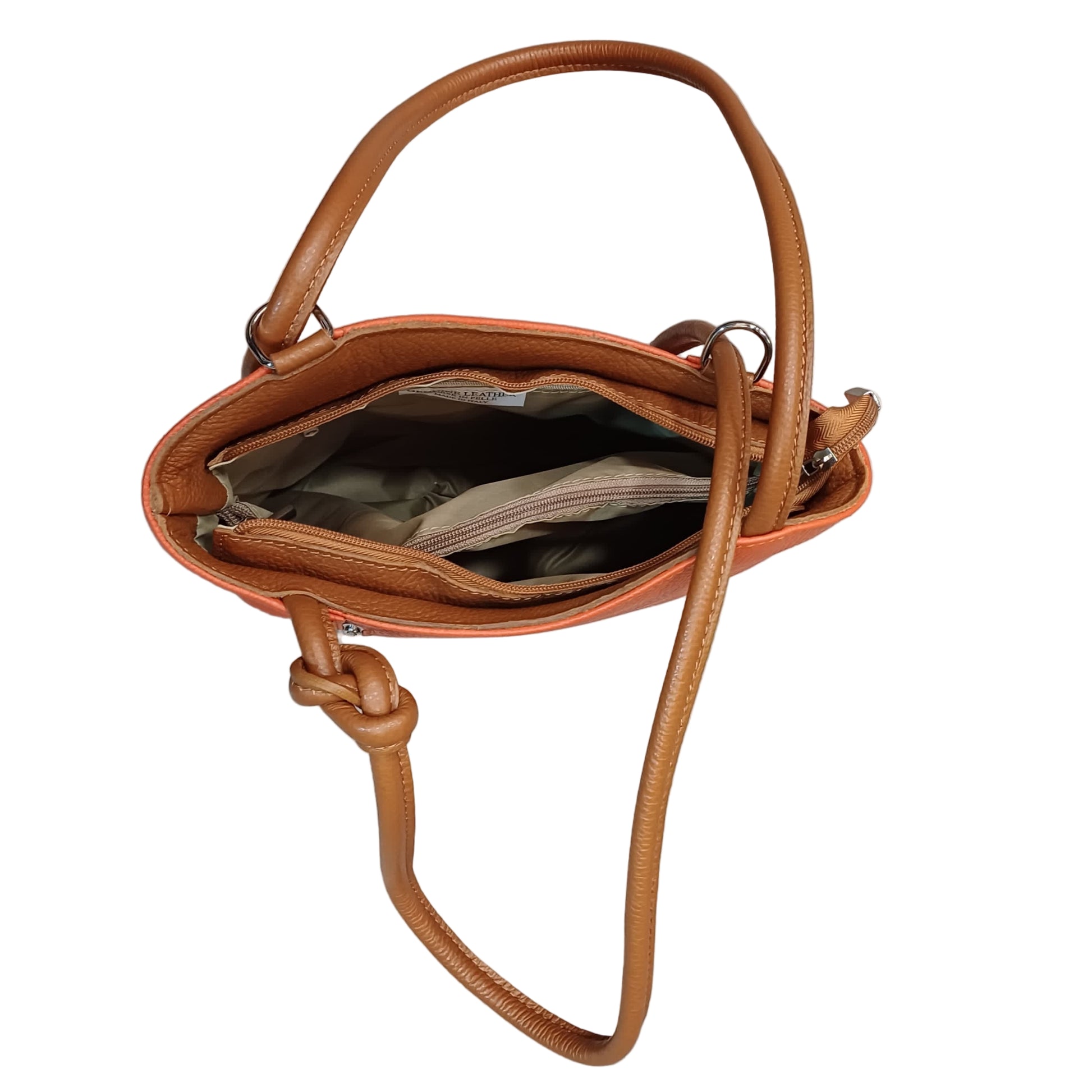 interno scomparti borsa zaino nodo in pelle arancio e marrone vitello martellato made in italy cuoieria italiana