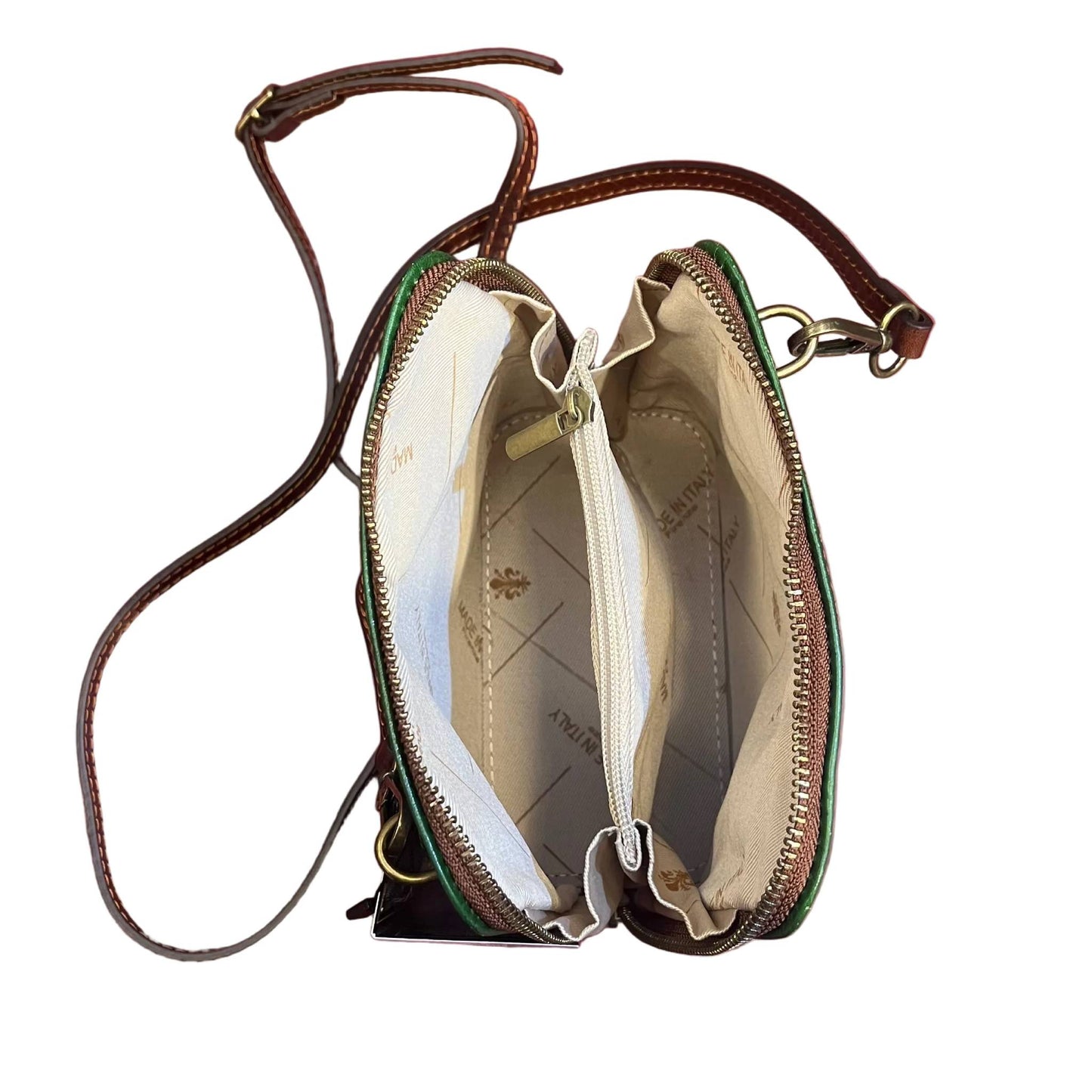 interno scomparti e tasche ambrosia borsa a tracolla in pelle verde e marrone da donna fatta a mano in cuoio made in italy cuoieria italiana