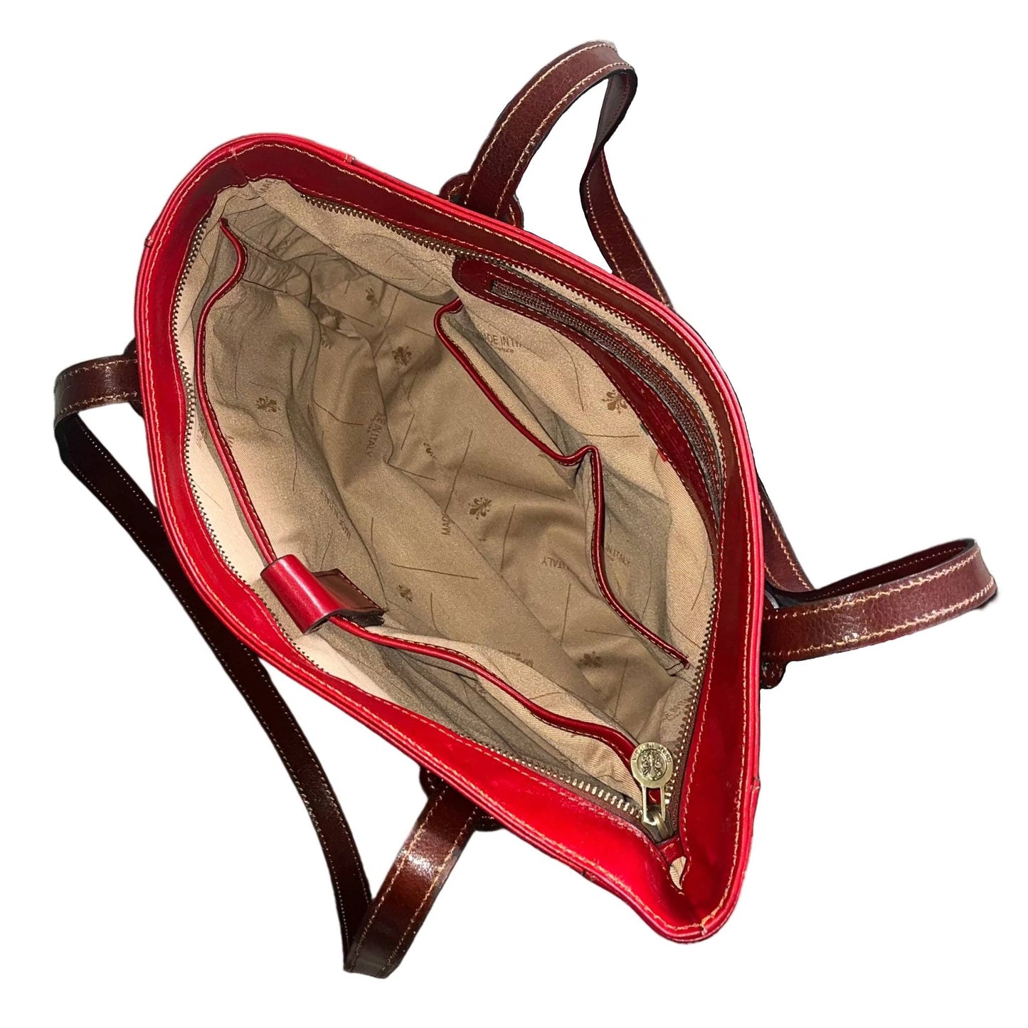interno scomparti e tasche artemis shopper in pelle rossa e marrone da donna porta computer borsa in cuoio made in italy cuoieria italiana