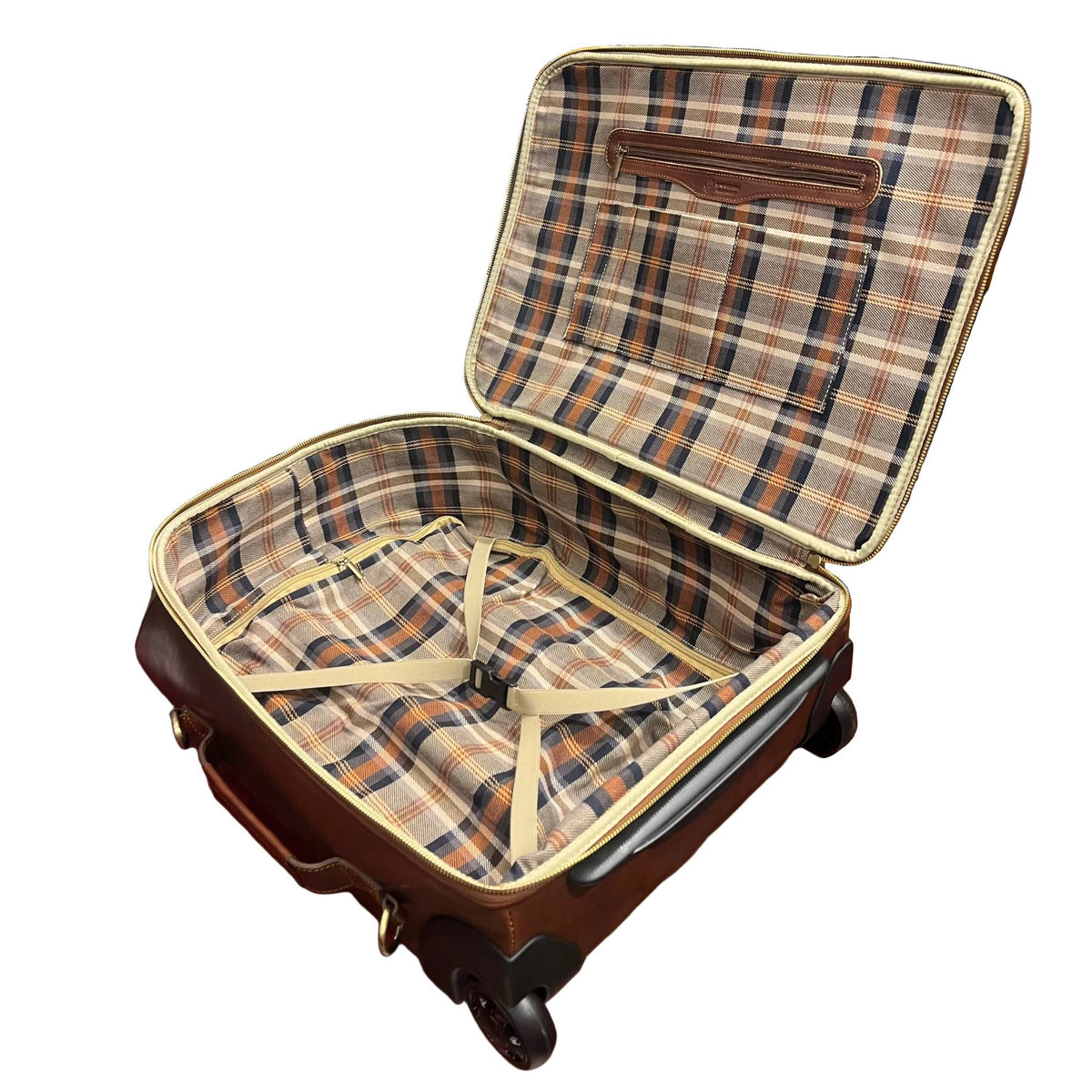 interno scomparti e tasche corvus valigia in cuoio da bagaglio a mano trolley fatto a mano in pelle marrone classico made in italy cuoieria italiana®