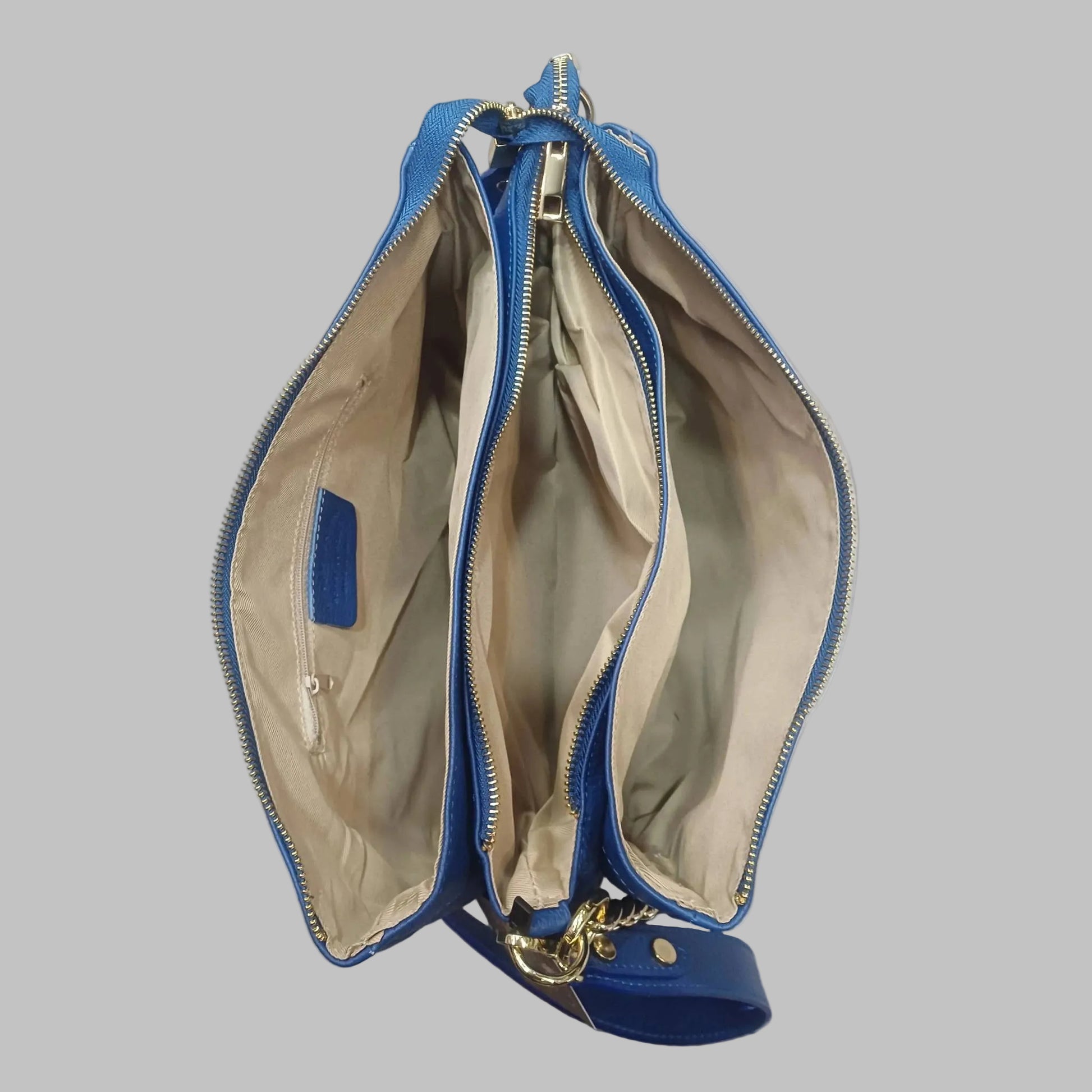 interno scomparti e tasche gemini grande borsa a tracolla in pelle blu elettrico da donna artigianale made in italy cuoieria italiana