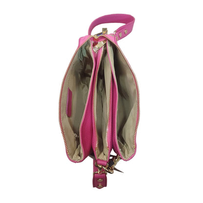 interno scomparti e tasche gemini piccola borsa a tracolla in pelle fucsia da donna artigianale made in italy cuoieria italiana