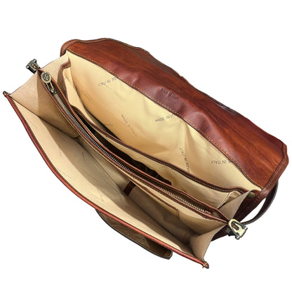internno scomparti e tasche hydra cartella 2 in 1 in cuoio marrone mogano borsa zaino da lavoro a tracolla fatta a mano in pelle made in italy cuoieria italiana®