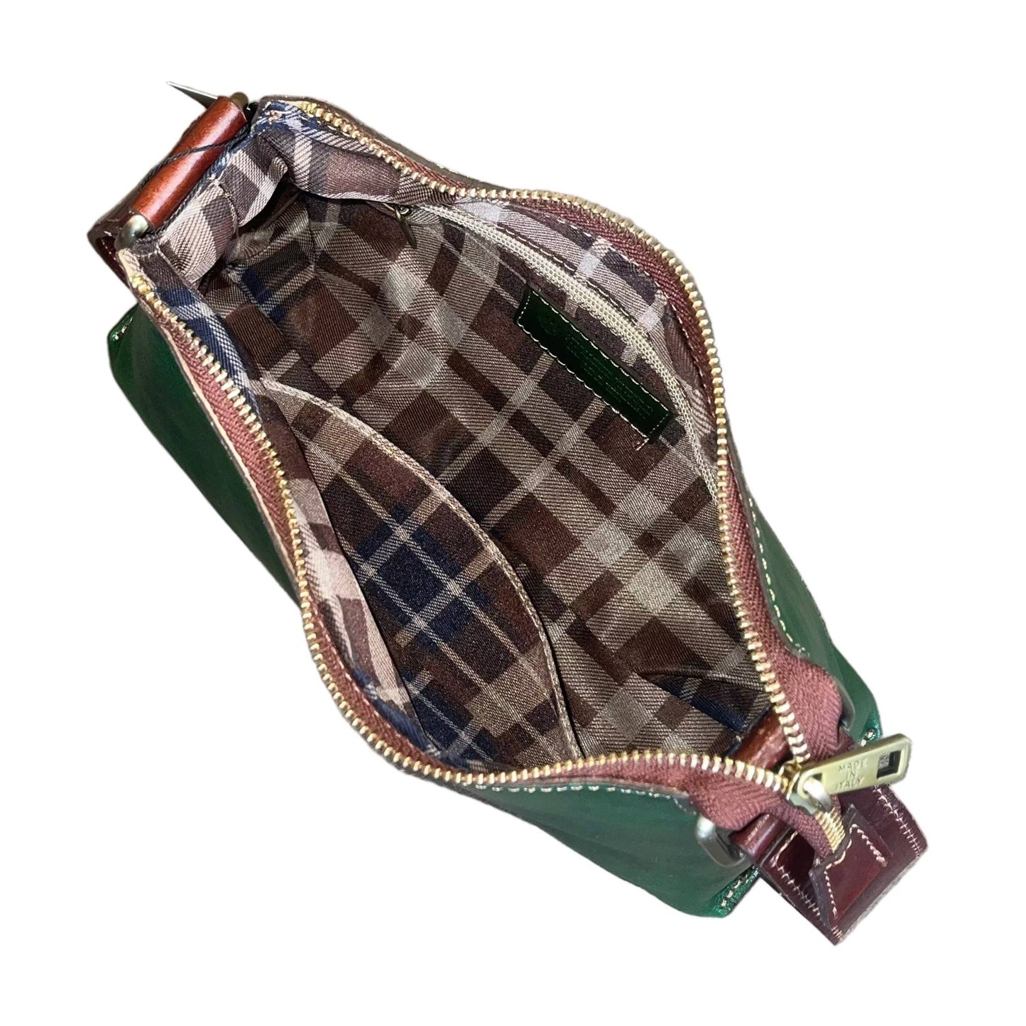 interno scomparti e tasche minerva borsa da donna borsa a spalla in pelle verde e marrone fatta a mano in cuoio made in italy cuoieria italiana