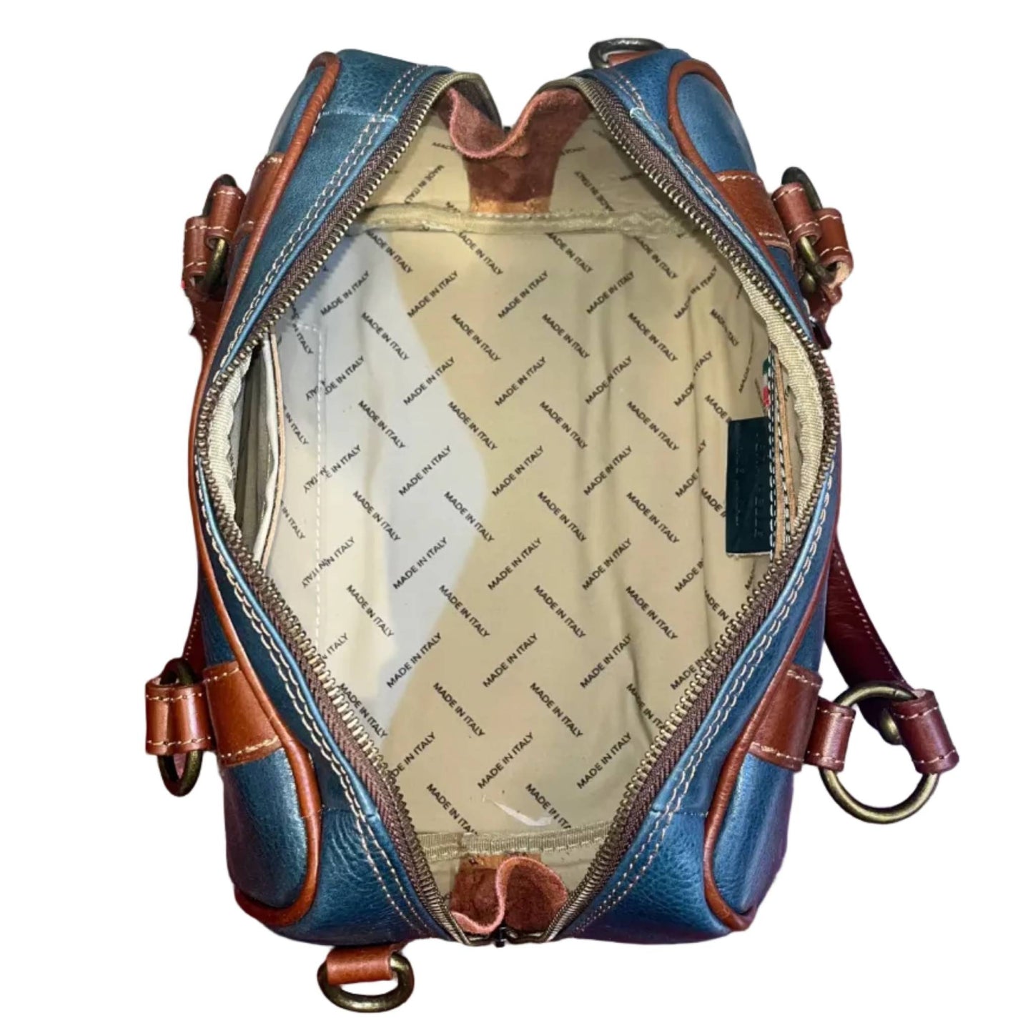 interno scomparti e tasche nettuno borsa a bauletto in pelle avio e marrone da donna borsa fatta a mano in cuoio made in italy cuoieria italiana