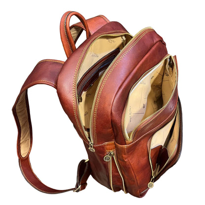 interno scomparti e tasche sagittarius zaino grande espandibile in pelle marrone mogano borsa in cuoio fatta a mano made in italy cuoieria italiana®