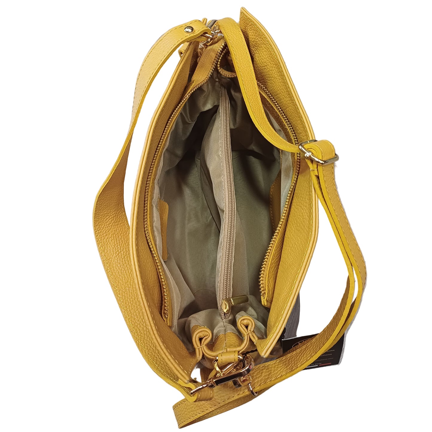 interno scomparti e tasche shopper in vitello martellato da donna borsa in pelle gialla made in italy cuoieria italiana