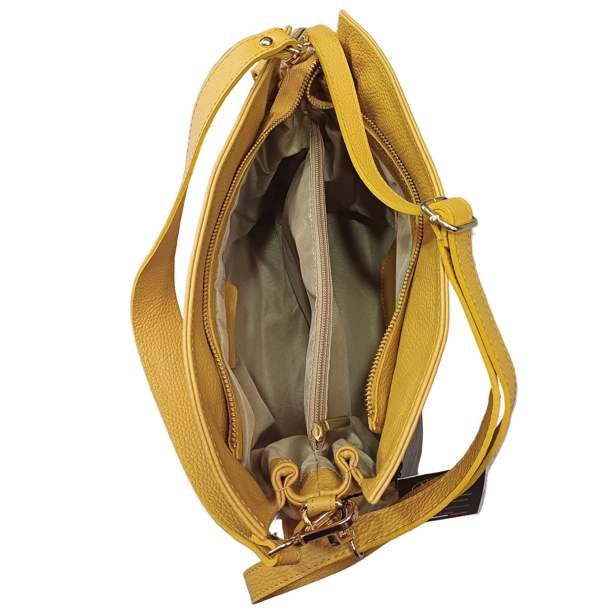 interno scomparti e tasche shopper in vitello martellato da donna borsa in pelle gialla made in italy cuoieria italiana