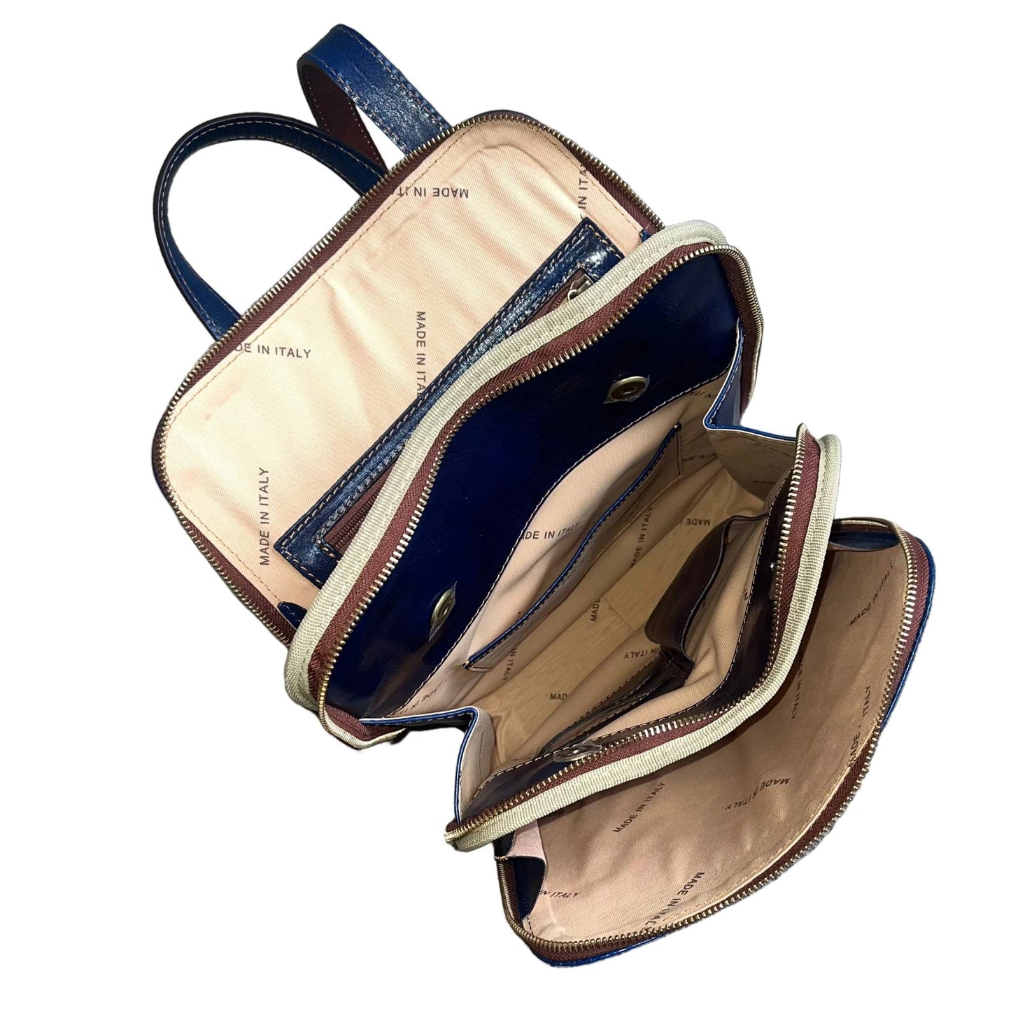 interno scomparti e tasche zaino a triplo scomparto in pelle blue navy e marrone zaino uomo donna made in italy cuoieria italiana
