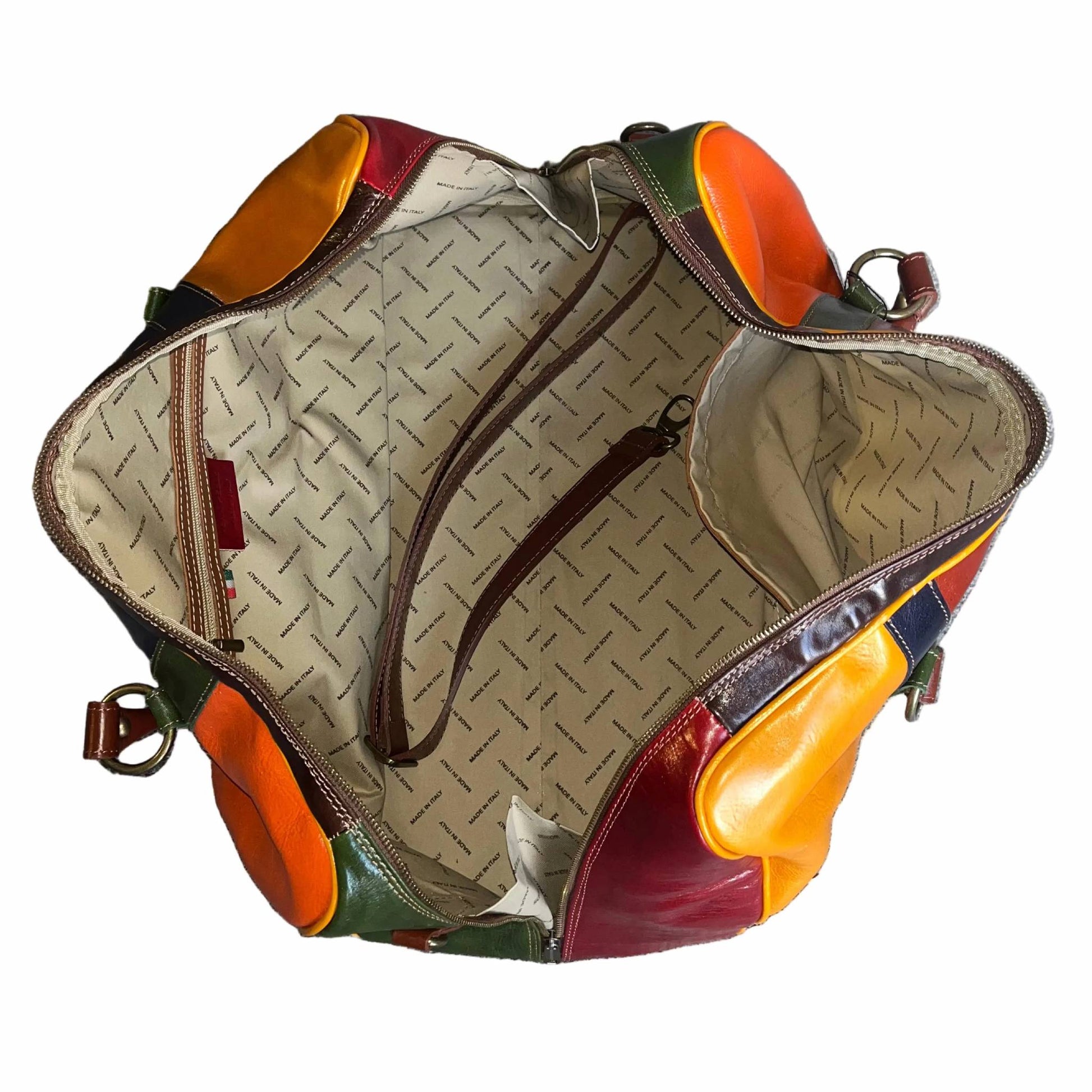 interno tasche e tracolla borsone in pelle multicolor bagaglio a mano artigianale made in italy cuoieria italiana