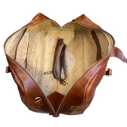 interno tracolla e tasche borsone in pelle cuoio naturale da bagaglio a mano borsa da viaggio artigianale e resistente made in italy cuoieria italiana