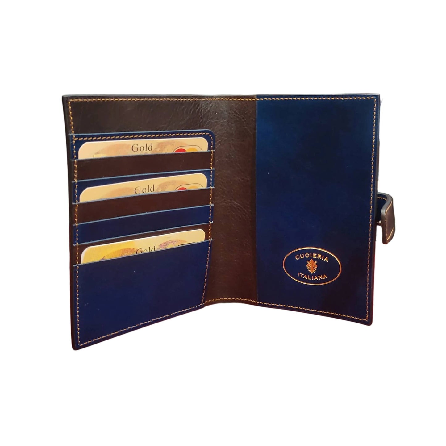 interno traveller porta passaporto premium in cuoio blue navy e marrone artigianale accessorio in pelle made in italy cuoieria italiana