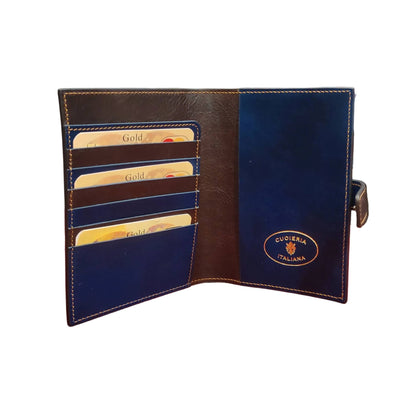 interno traveller porta passaporto premium in cuoio blue navy e marrone artigianale accessorio in pelle made in italy cuoieria italiana