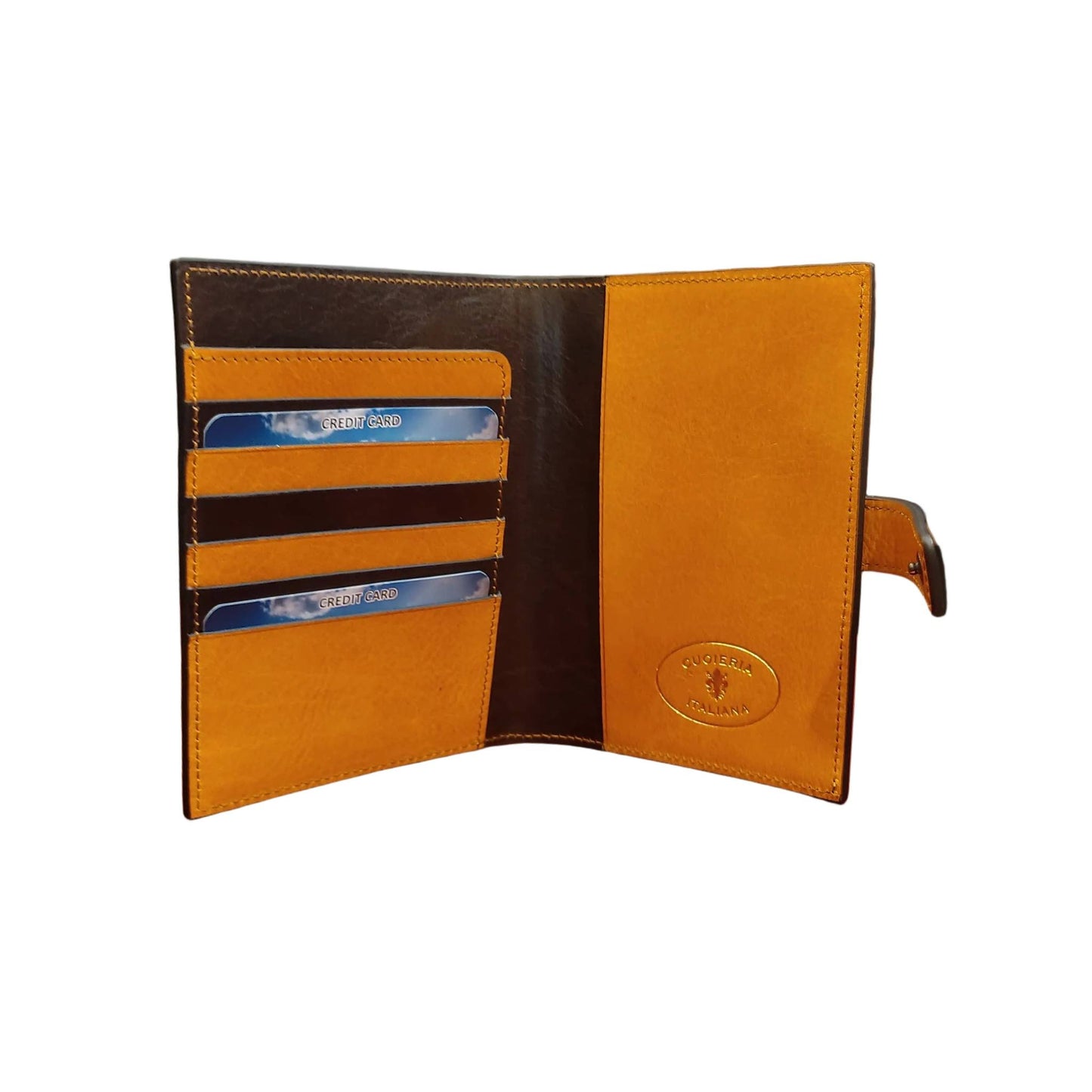 interno traveller porta passaporto premium in cuoio giallo e marrone artigianale accessorio in pelle made in italy cuoieria italiana