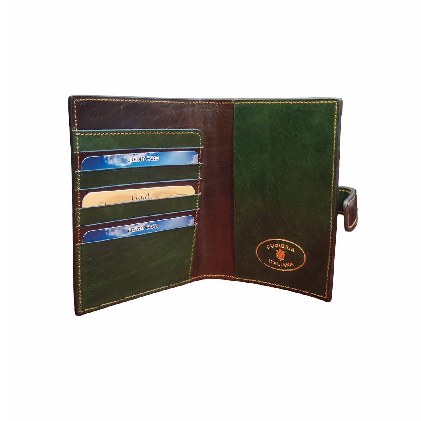 interno traveller porta passaporto premium in cuoio verde e marrone artigianale accessorio in pelle made in italy cuoieria italiana