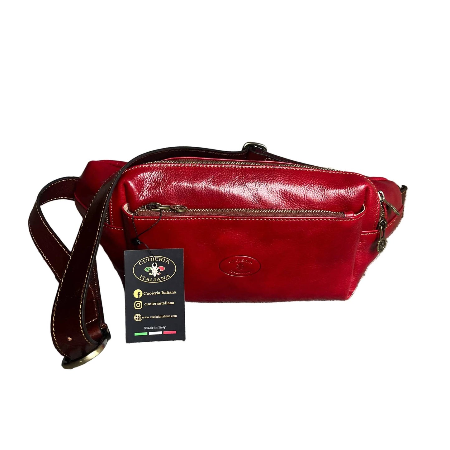 jupiter marsupio in pelle rosso e marrone accessorio artigianale unisex in cuoio made in italy cuoieria italiana
