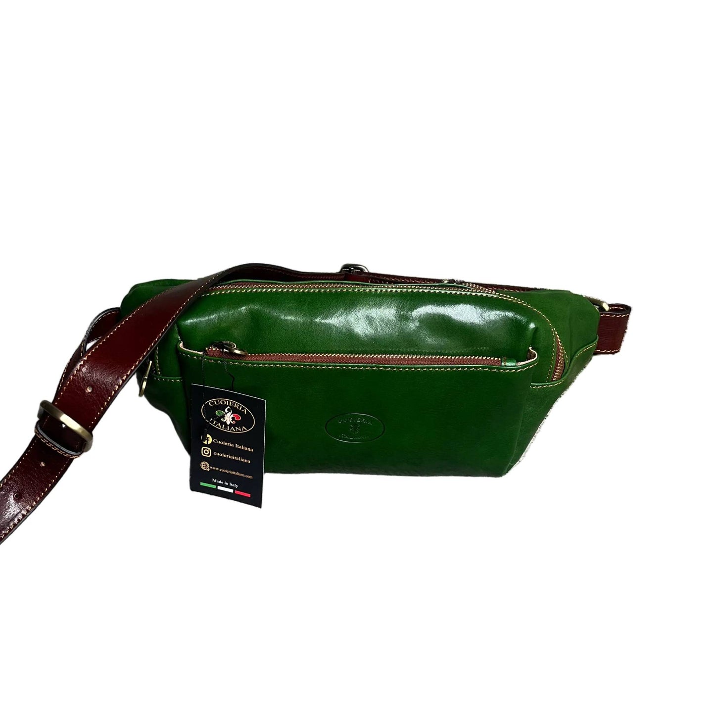 jupiter marsupio in pelle verde e marrone accessorio artigianale unisex in cuoio made in italy cuoieria italiana