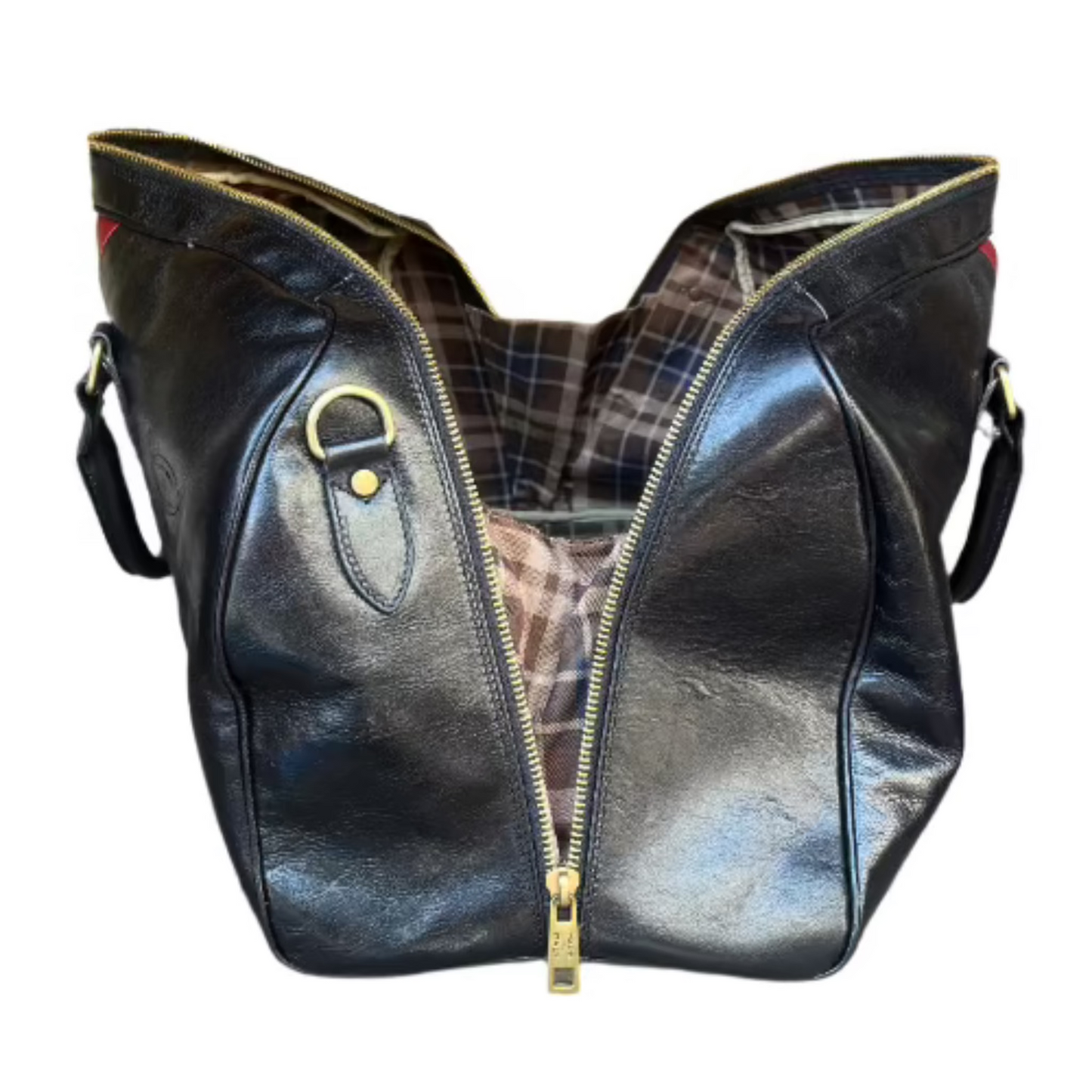 lato aperto borsone da viaggio in pelle nera con tricolore bagaglio a mano artigianale made in italy cuoieria italiana
