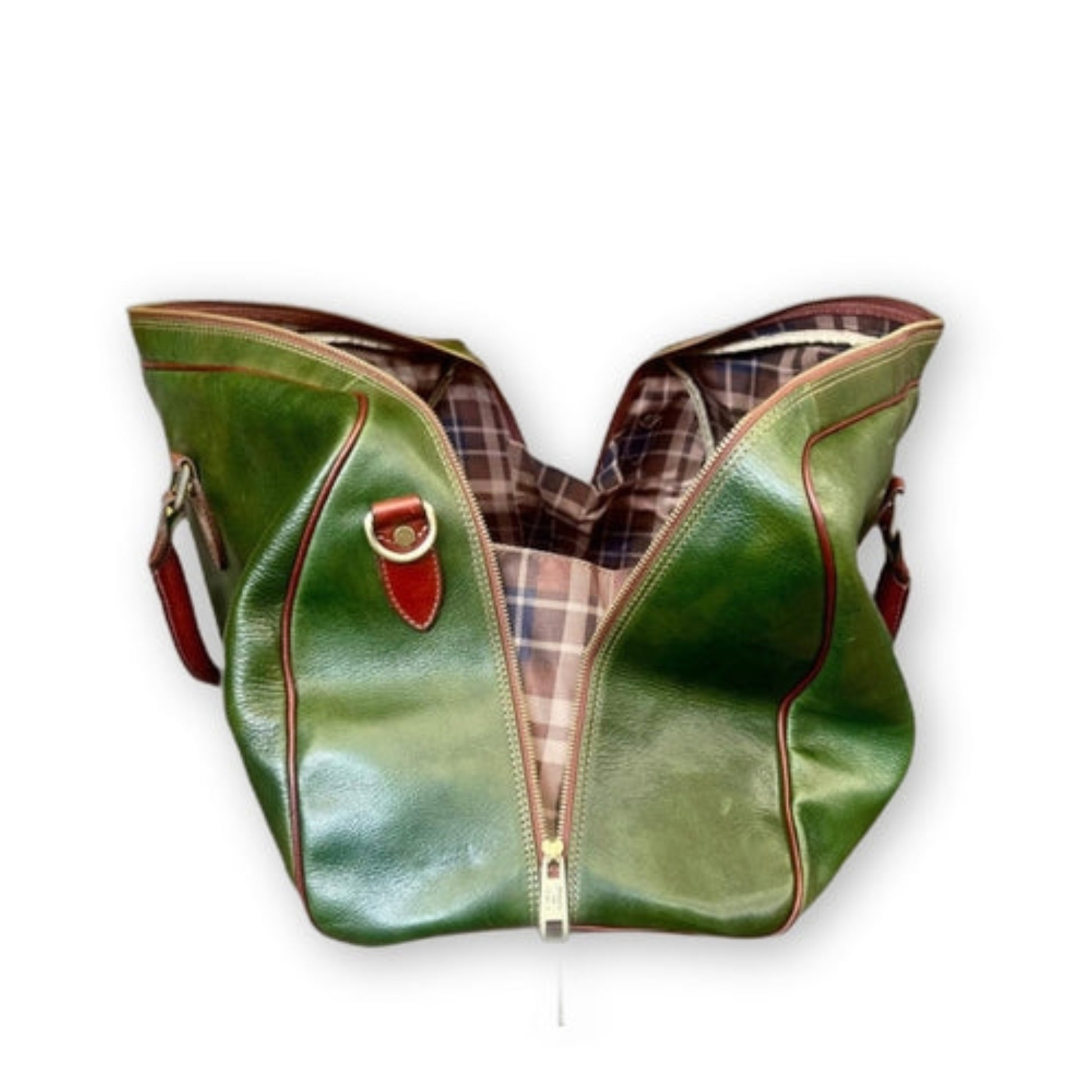 lato aperto borsone da viaggio in pelle verde borsa in cuoio da bagaglio a mano made in italy cuoieria italiana