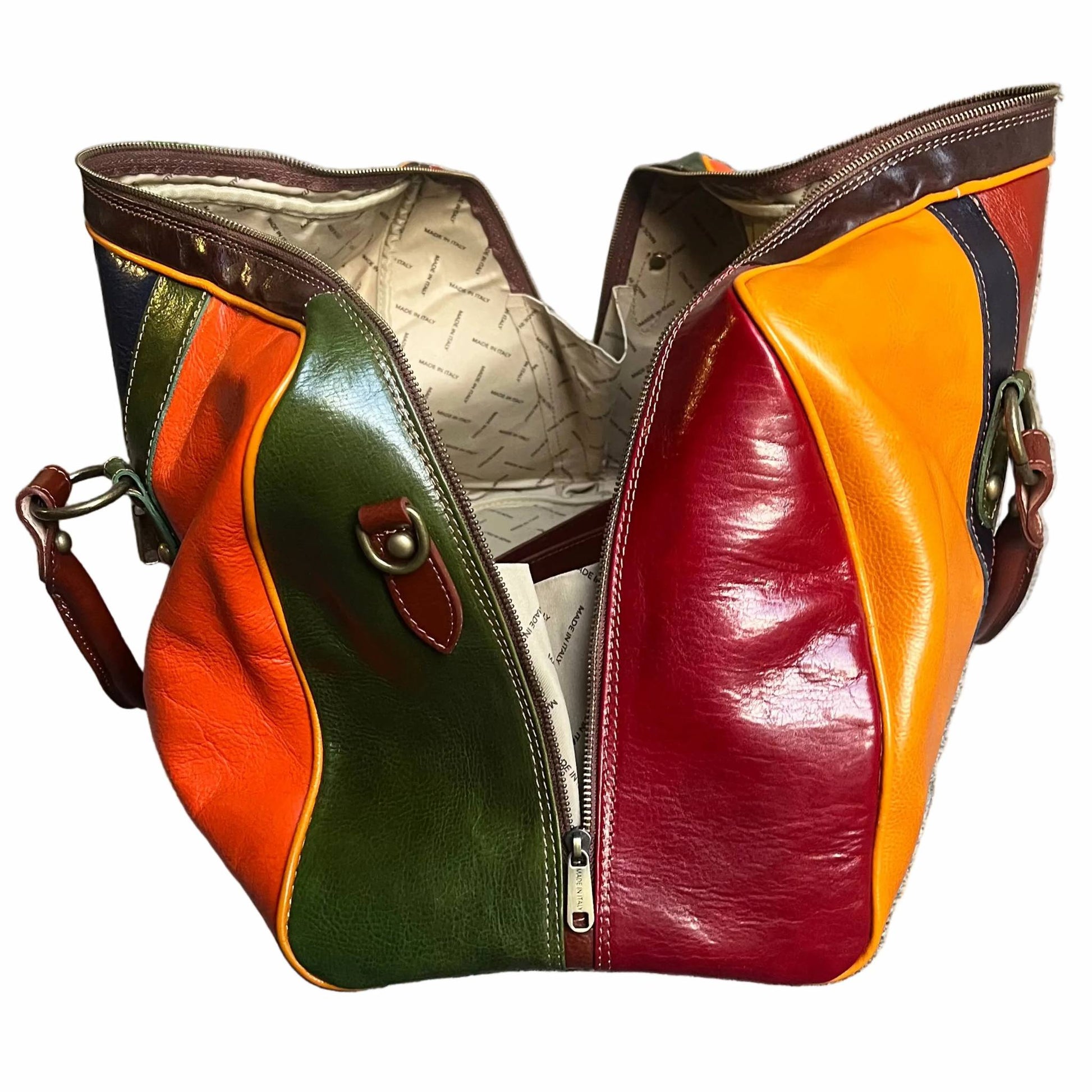 lato aperto borsone in pelle multicolor bagaglio a mano artigianale made in italy cuoieria italiana