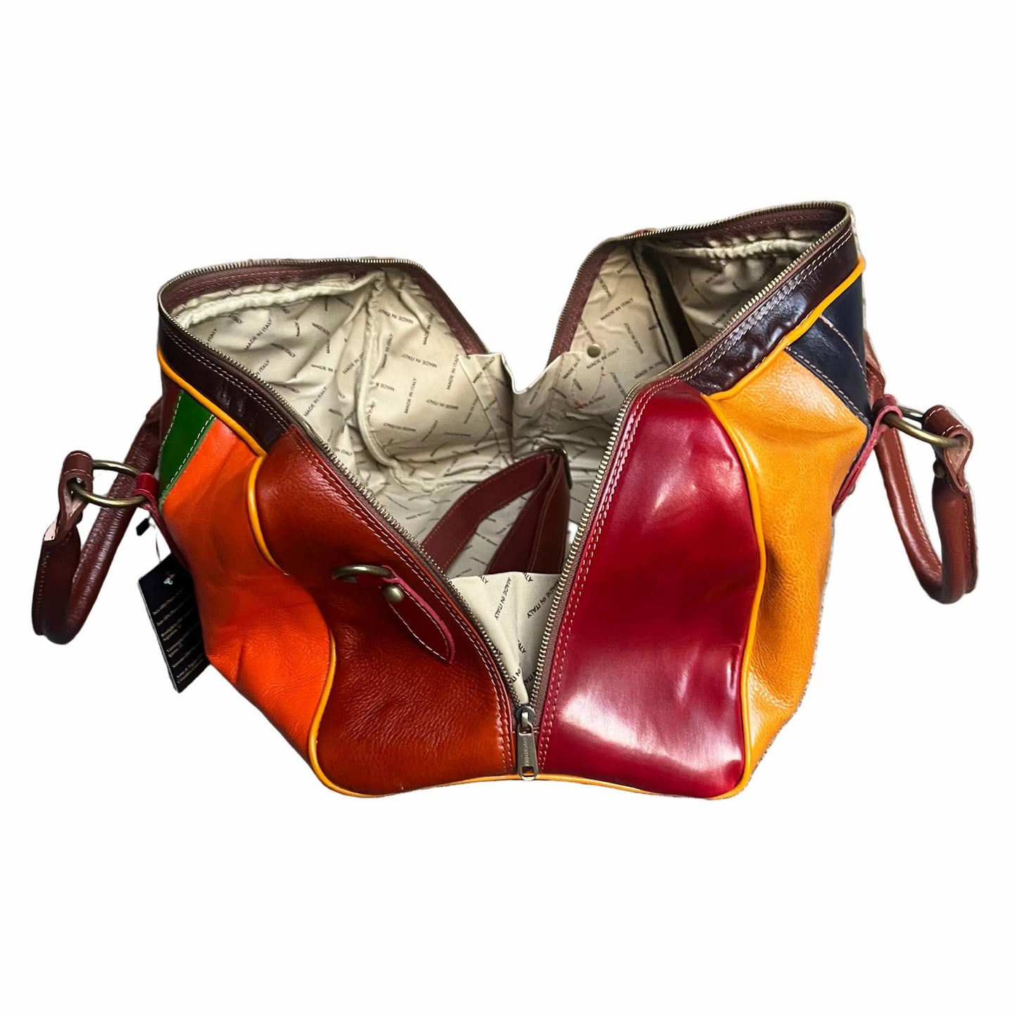 lato aperto borsone piccolo in pelle multicolor bagaglio a mano artigianale made in italy cuoieria italiana