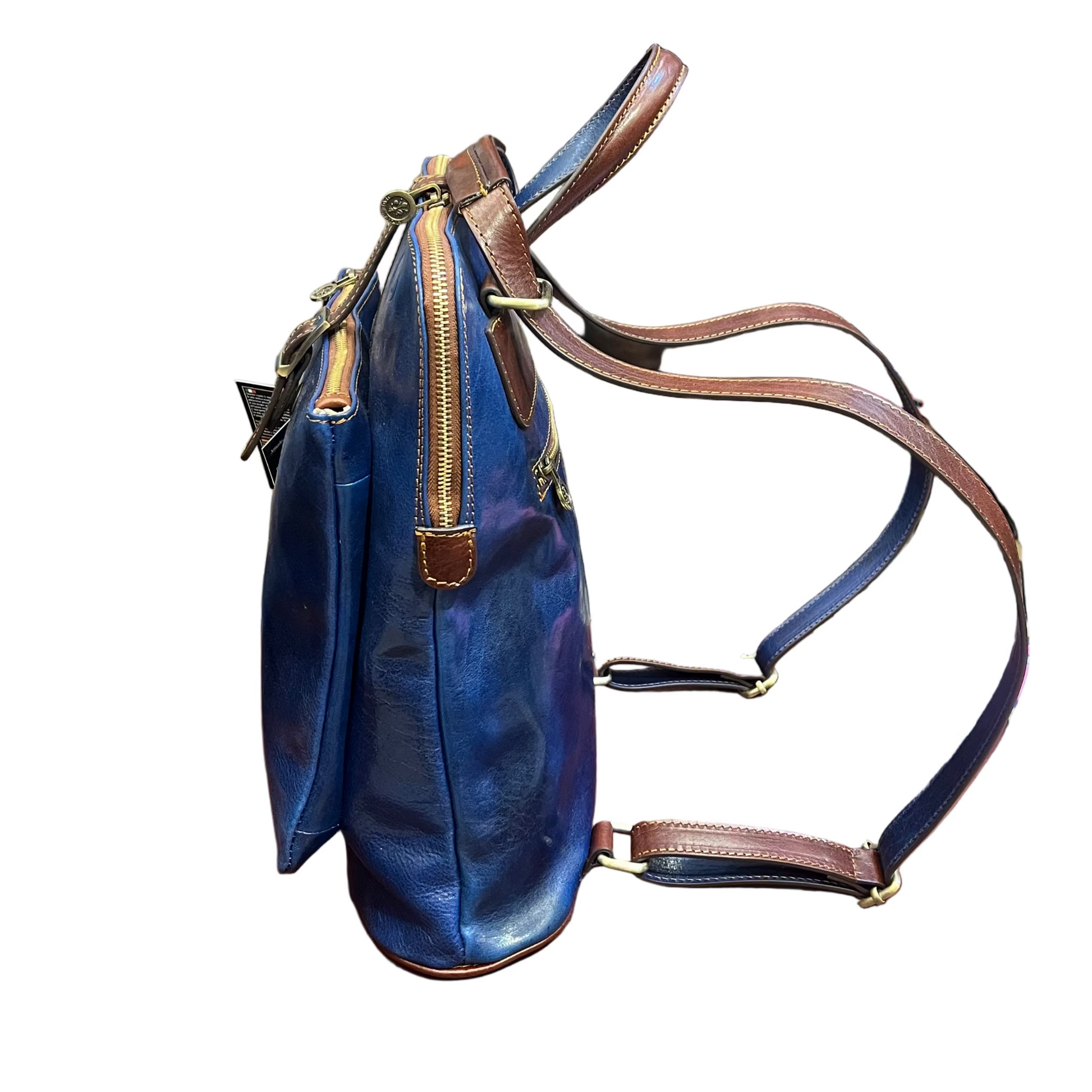 lato di profilo Spartacus Zaino a tracolla in pelle blu porta PC Made in Italy Cuoieria Italiana