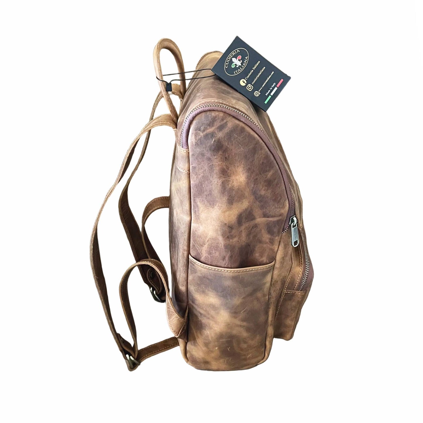 lato e profilo nomade eterno zaino porta pc in pelle vintage cuoio invecchiato artigianale made in italy cuoieria italiana