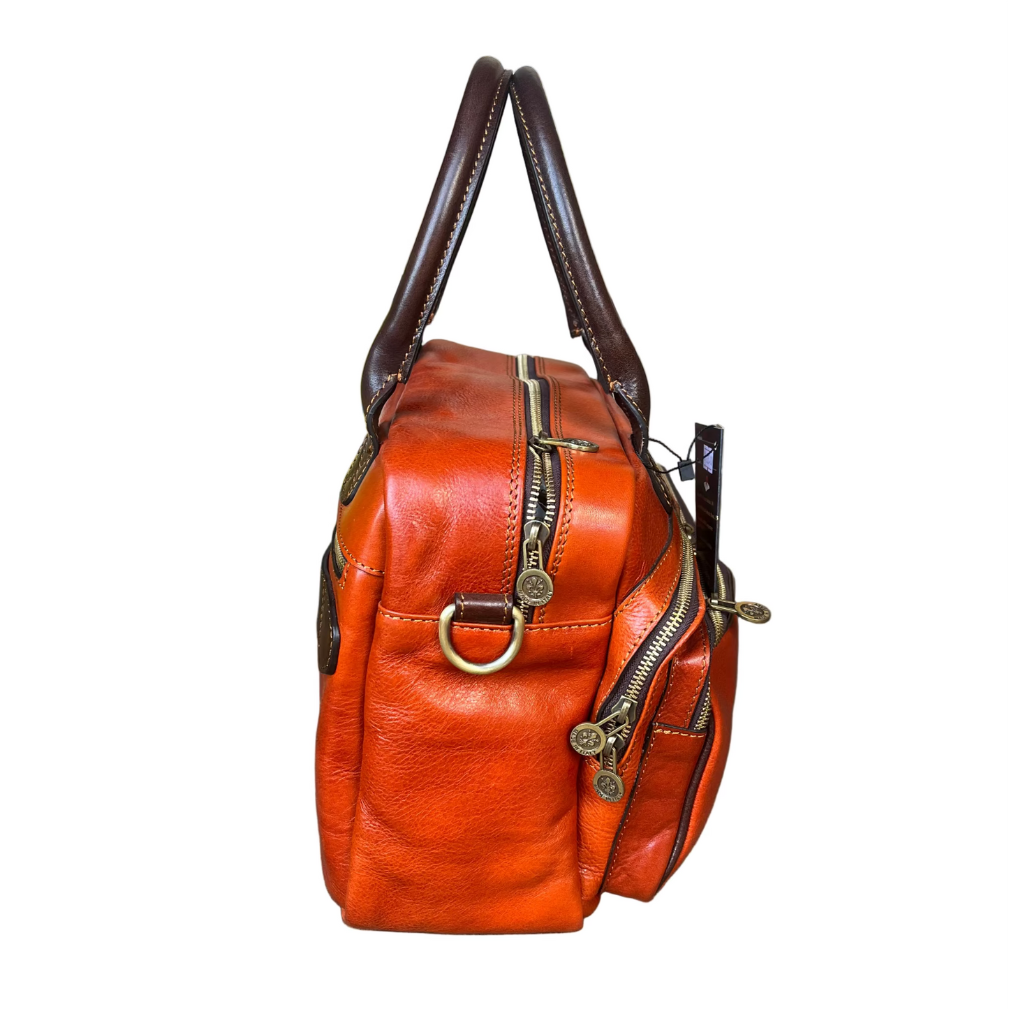 lato profilo larghezza testuggine borsa cartella arancione da lavoro compatta in pelle artigianale made in italy cuoieria italiana