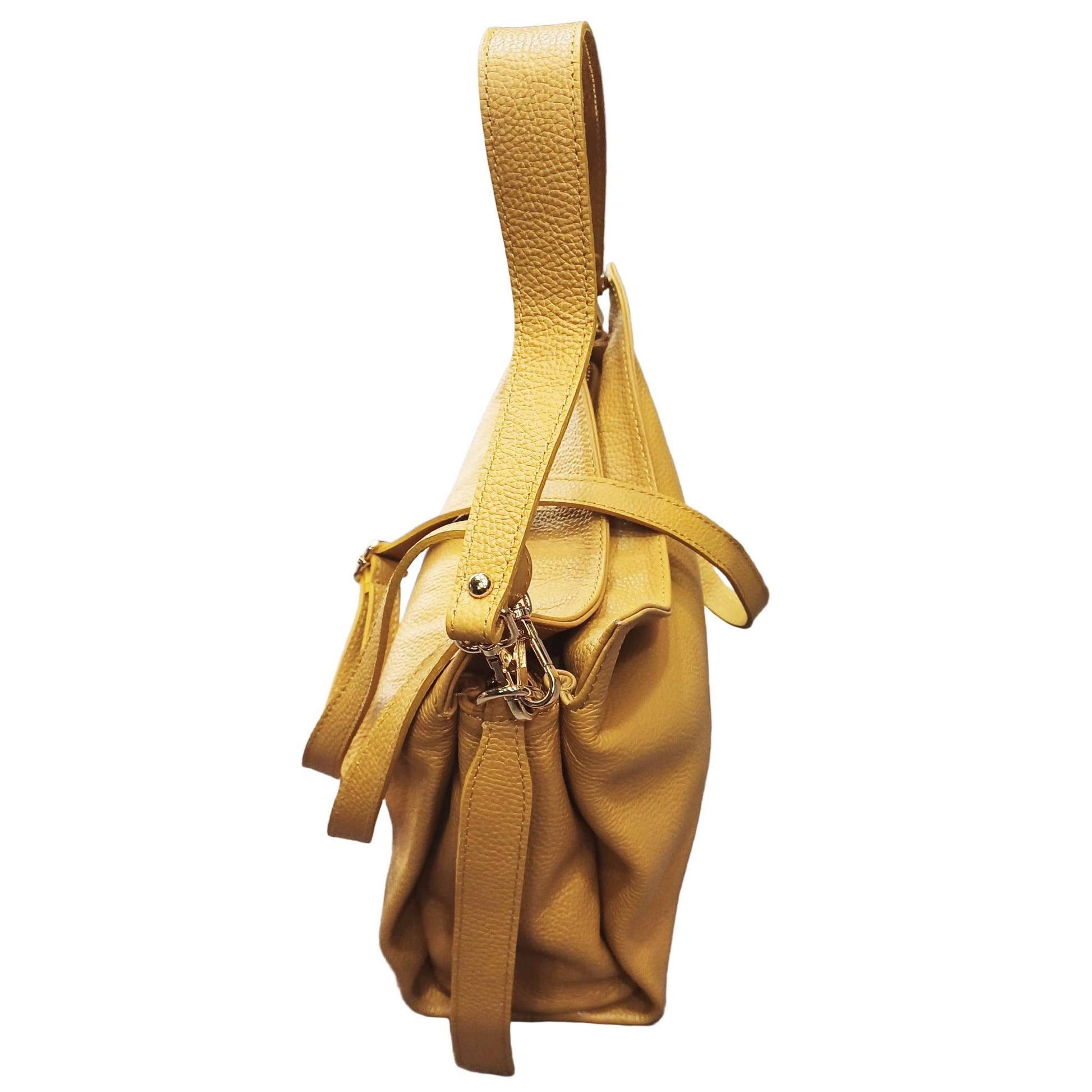 lato profilo shopper in vitello martellato da donna borsa in pelle gialla made in italy cuoieria italiana