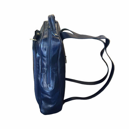 lato zaino grande compatto in pelle blu borsa in cuoio made in italy cuoieria italiana
