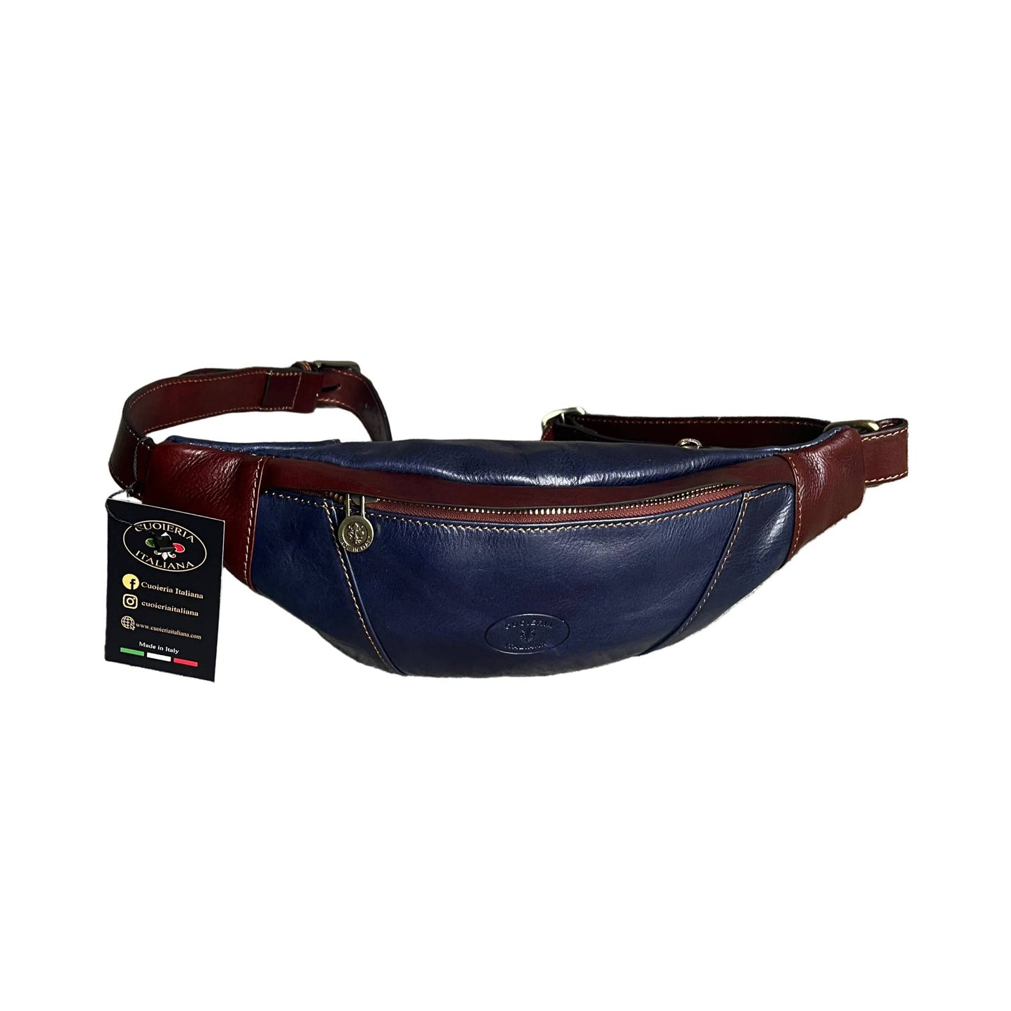 mars marsupio in pelle blue navy e marrone accessorio artigianale unisex in cuoio made in italy cuoieria italiana