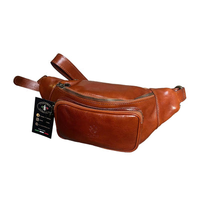 marsupio in pelle taglia media tinta cuoio naturale accessorio artigianale unisex made in italy cuoieria italiana