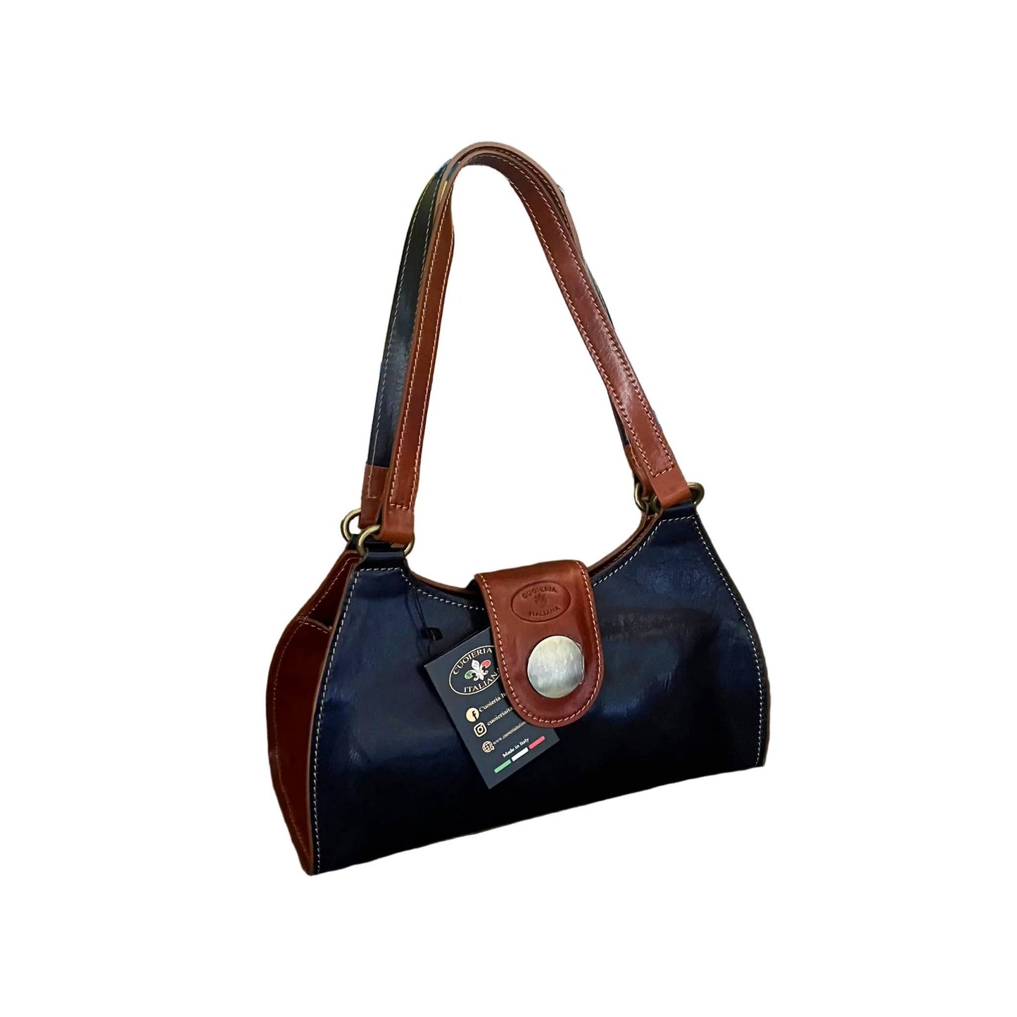 mercury borsa blu e cuoio a spalla in pelle da donna artigianale made in italy cuoieria italiana