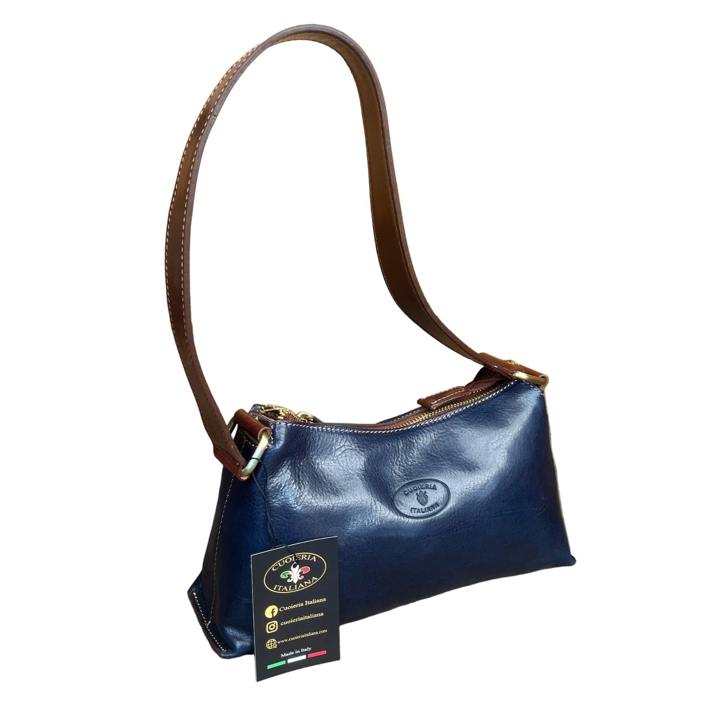 minerva borsa da donna borsa a spalla in pelle blue navy e marrone fatta a mano in cuoio made in italy cuoieria italiana