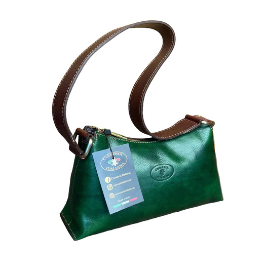 minerva borsa da donna borsa a spalla in pelle verde e marrone fatta a mano in cuoio made in italy cuoieria italiana