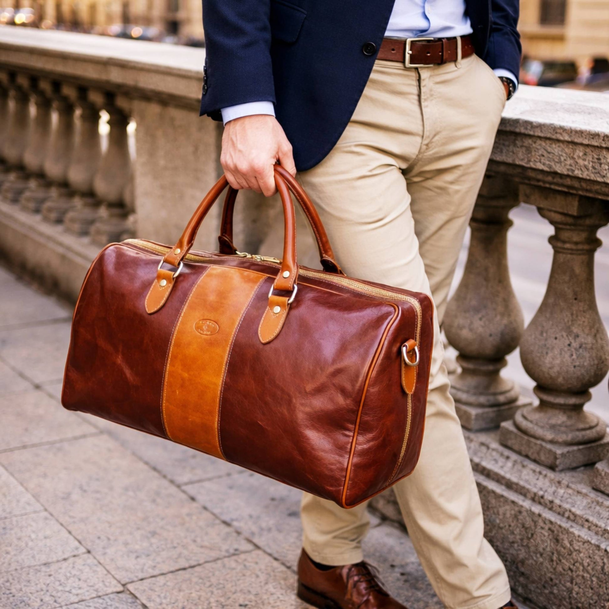 modello Borsone in pelle bicolore marrone e cuoio naturale valigia Bagaglio a mano artigianale Made in Italy Cuoieria Italiana