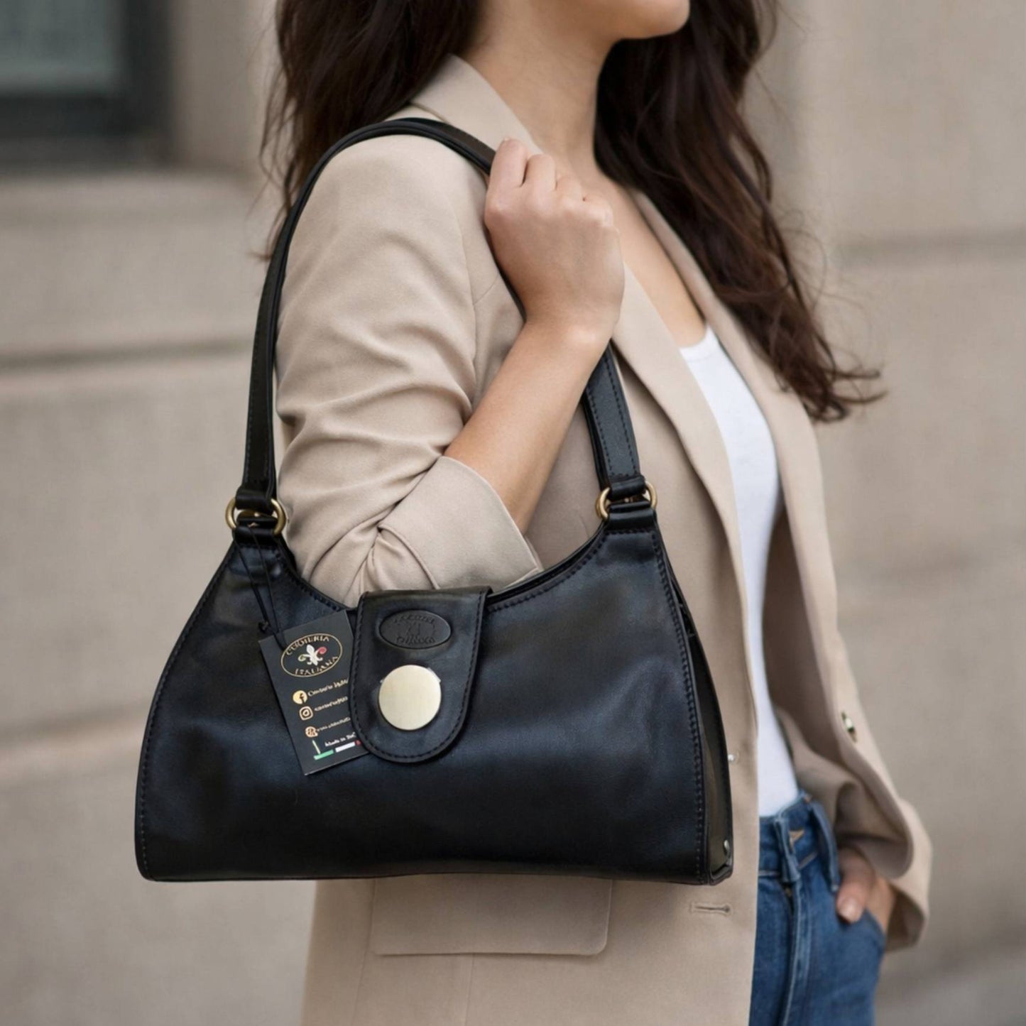 modello mercury borsa nera a spalla in pelle da donna artigianale made in italy cuoieria italiana