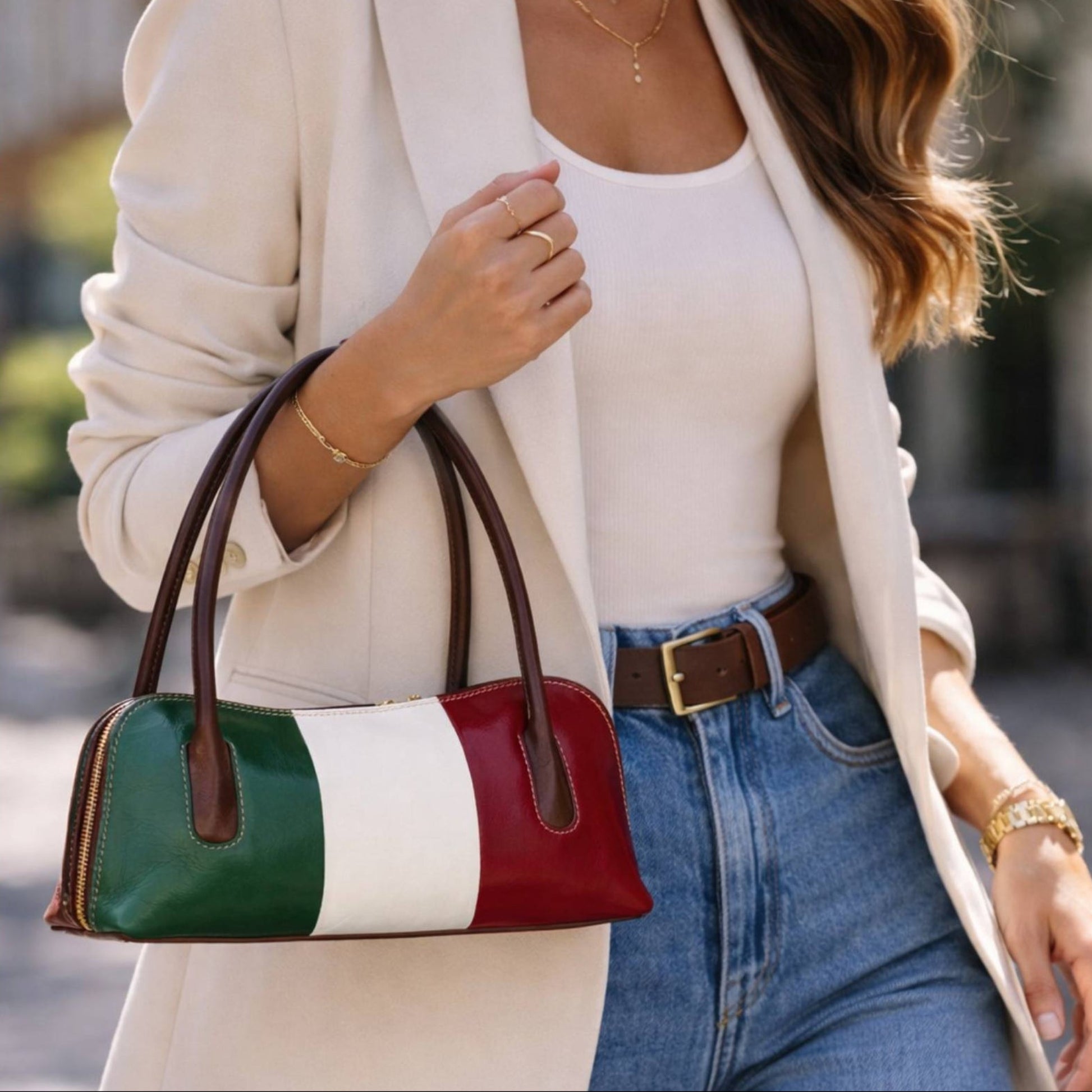 modello serena borsa elegante a spalla e mano in pelle tricolore italiano borsetta in cuoio da donna artigianale made in italy cuoieria italiana