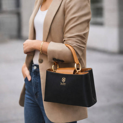modello stellaris borsa a tracolla in pelle nera e cuoio grande da donna artigianale made in italy cuoieria italiana