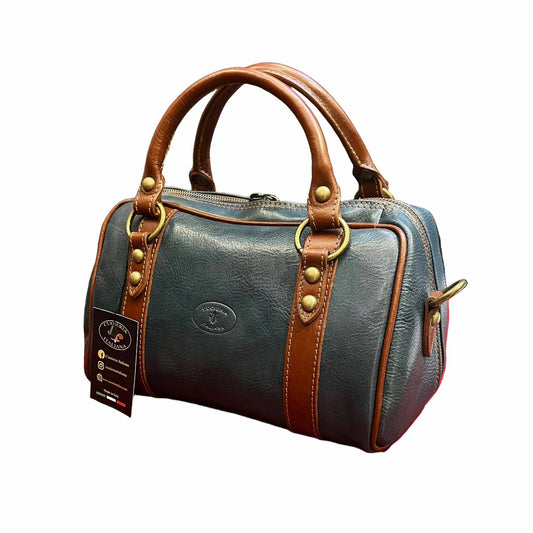nettuno borsa a bauletto in pelle avio e marrone da donna borsa fatta a mano in cuoio made in italy cuoieria italiana