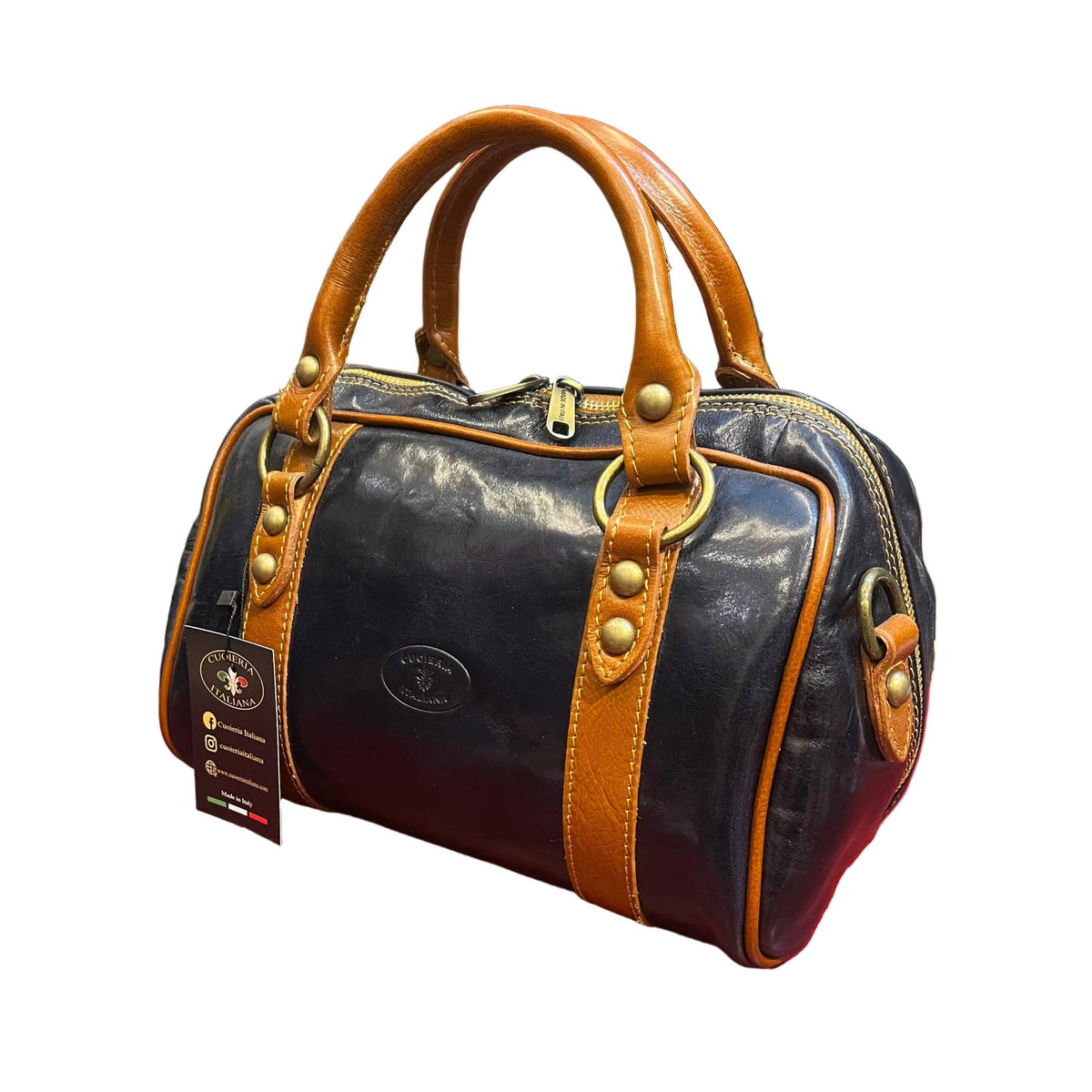 nettuno borsa a bauletto in pelle blue navy e cuoio da donna borsa fatta a mano in cuoio made in italy cuoieria italiana